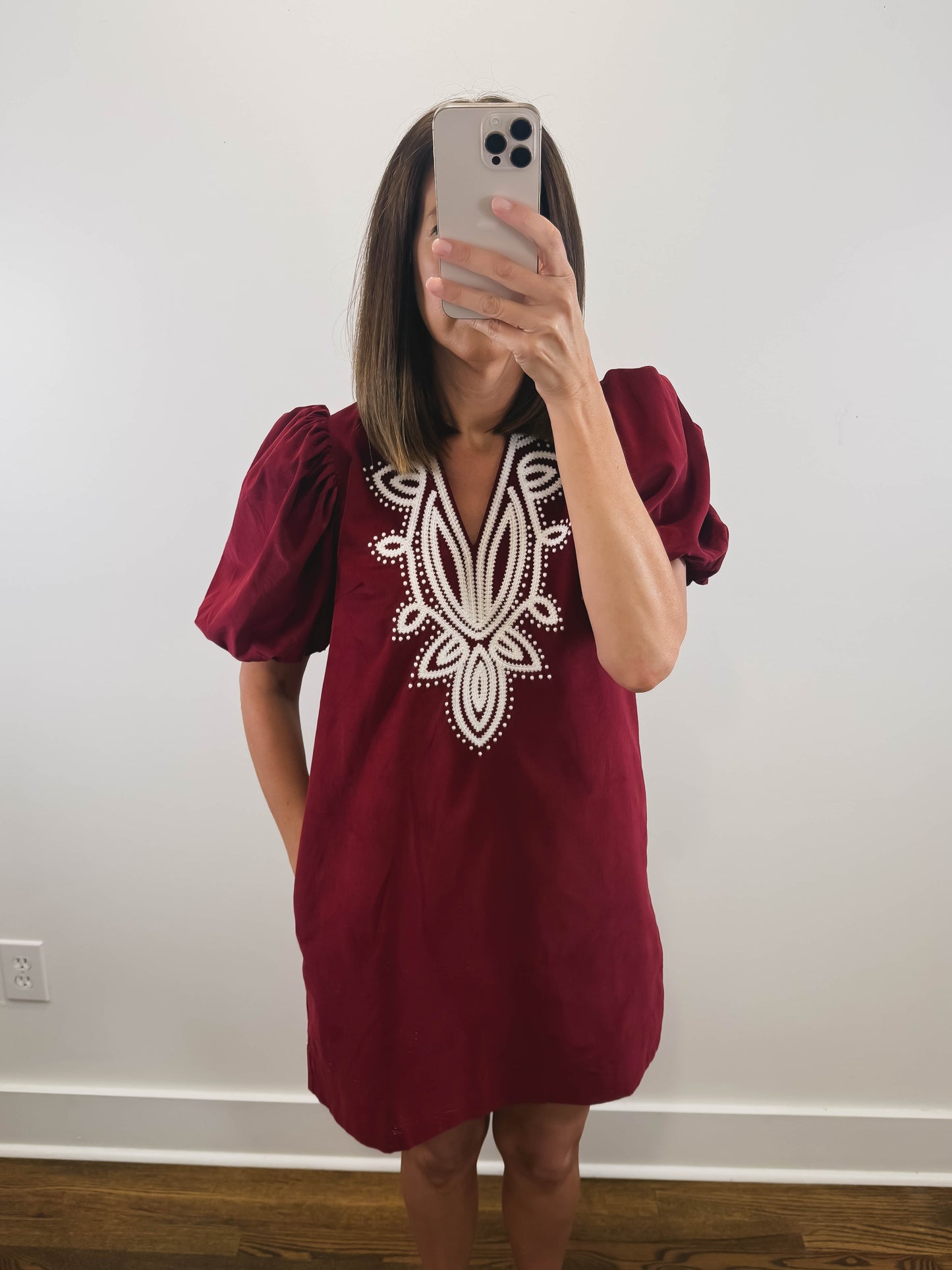 The Merlot Dress | Burgundy Embroidered Corduroy Mini Dress