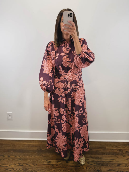 The Vineyard Rose Dress | Wine Floral Wedding Guest Maxi Dress