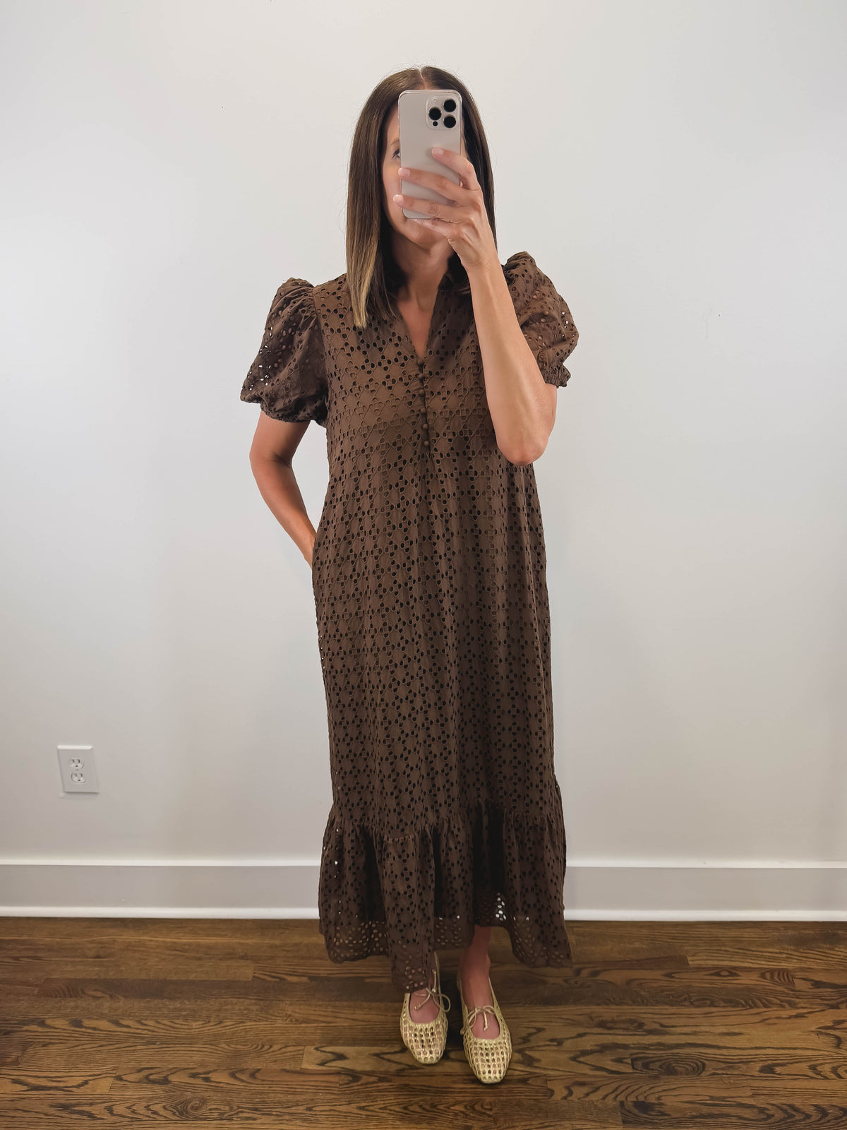 The Meadow Dress | Brown Eyelet Puff Sleeve Midi Dress