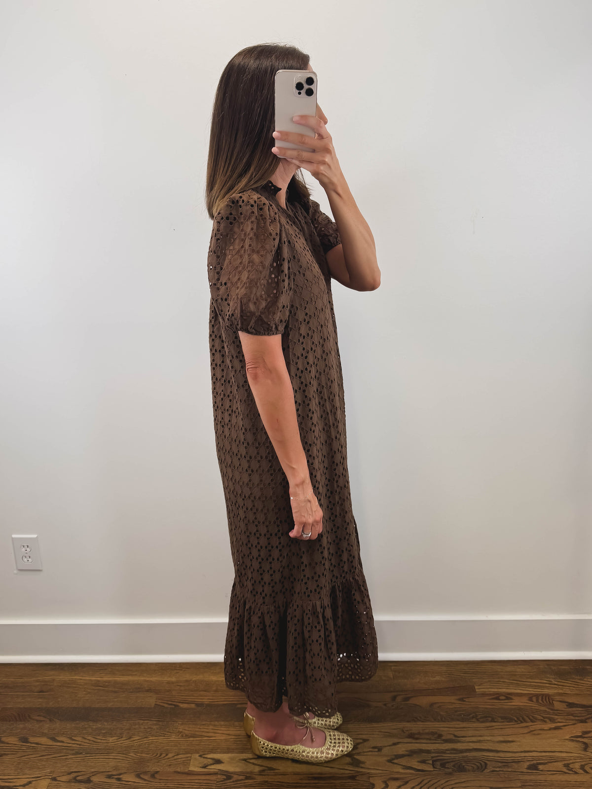 The Meadow Dress | Brown Eyelet Puff Sleeve Midi Dress