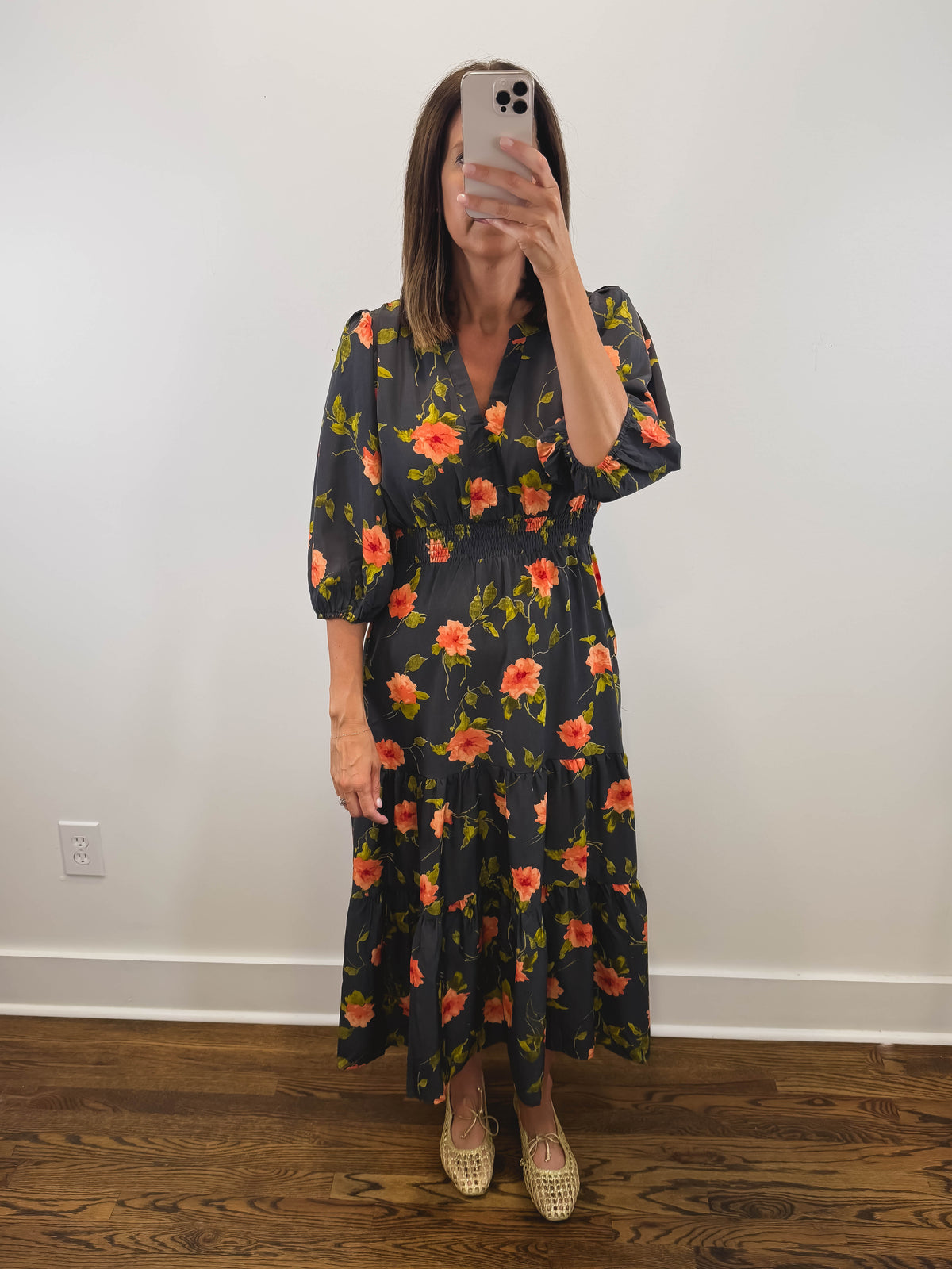 The Moody Floral Dress | Black Floral Smocked Three-Quarter Sleeve Midi Dress