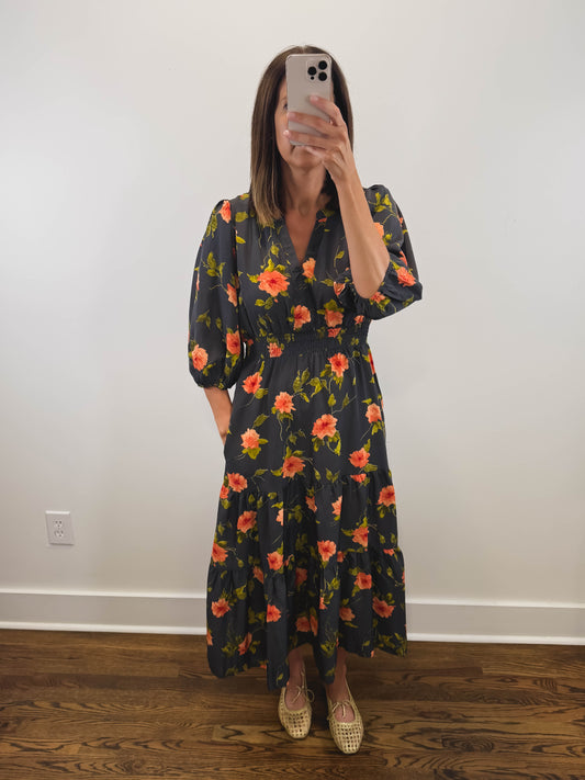 The Moody Floral Dress | Black Floral Smocked Three-Quarter Sleeve Midi Dress