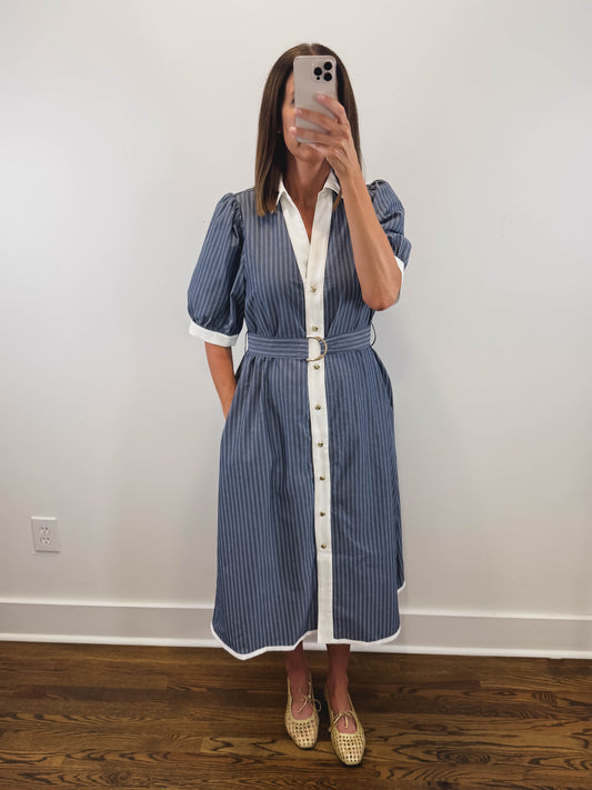 The Oxford Stripe Dress | Blue Striped Short Sleeve Midi Dress