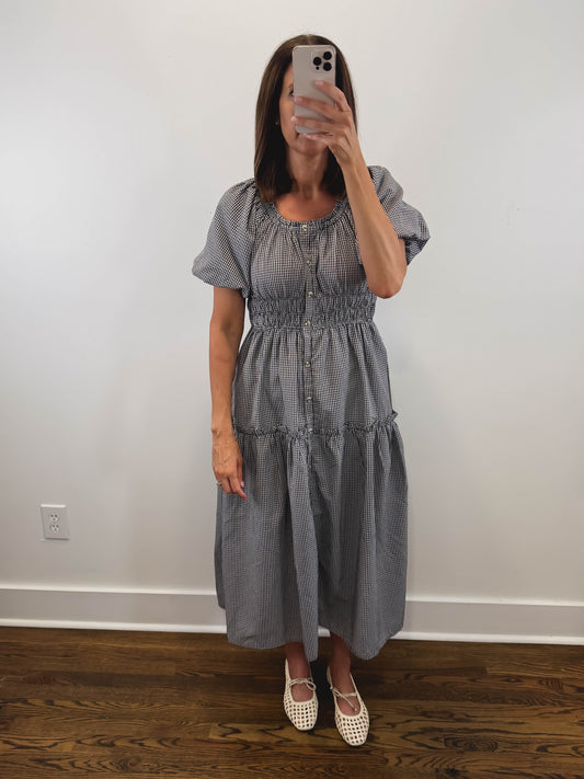 The Nantucket Gingham Dress | Navy Smocked Puff Sleeve Midi Dress
