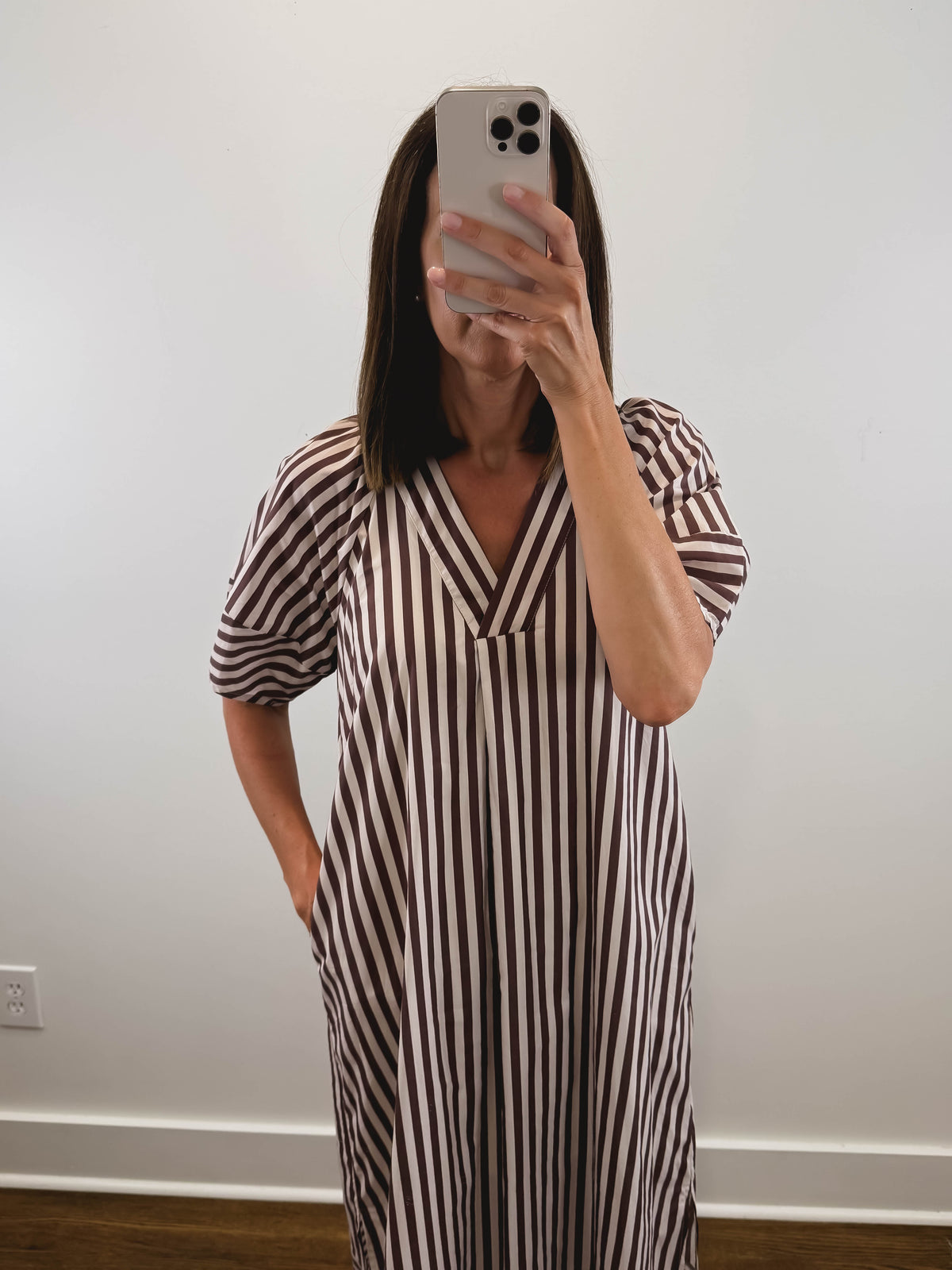 The Oakley Dress | Brown Striped Puff Sleeve Midi Dress