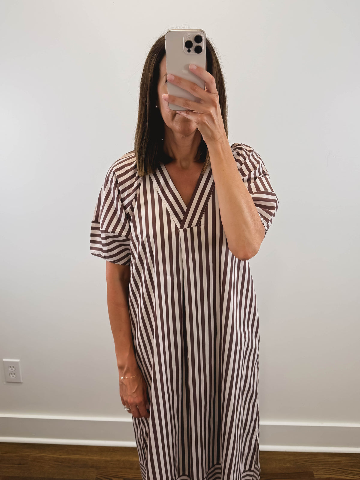 The Oakley Dress | Brown Striped Puff Sleeve Midi Dress