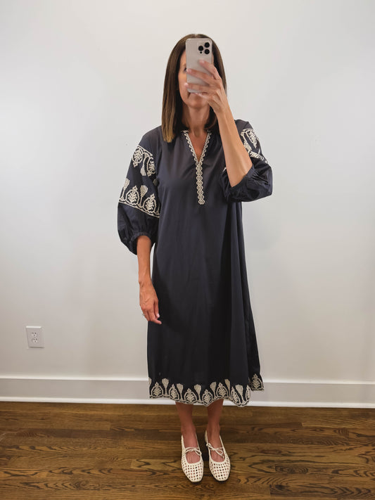 The Ashby Dress | Grey Embroidered Three-Quarter Sleeve Midi Dress