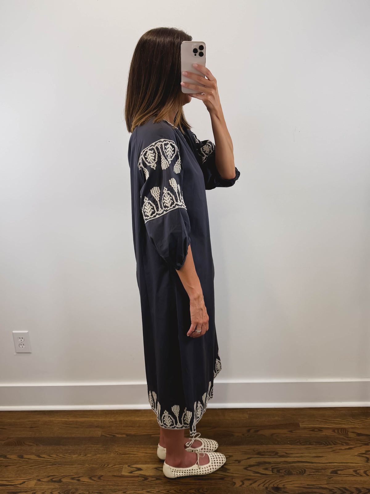 The Ashby Dress | Grey Embroidered Three-Quarter Sleeve Midi Dress