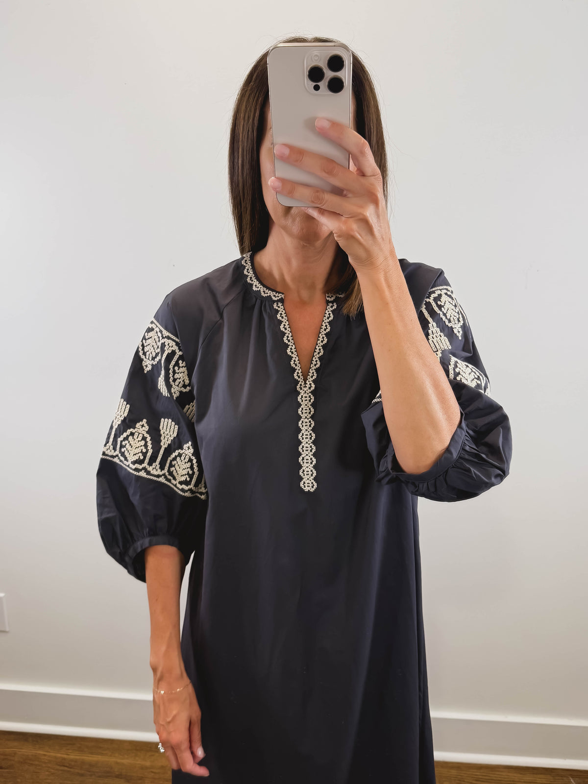The Ashby Dress | Grey Embroidered Three-Quarter Sleeve Midi Dress