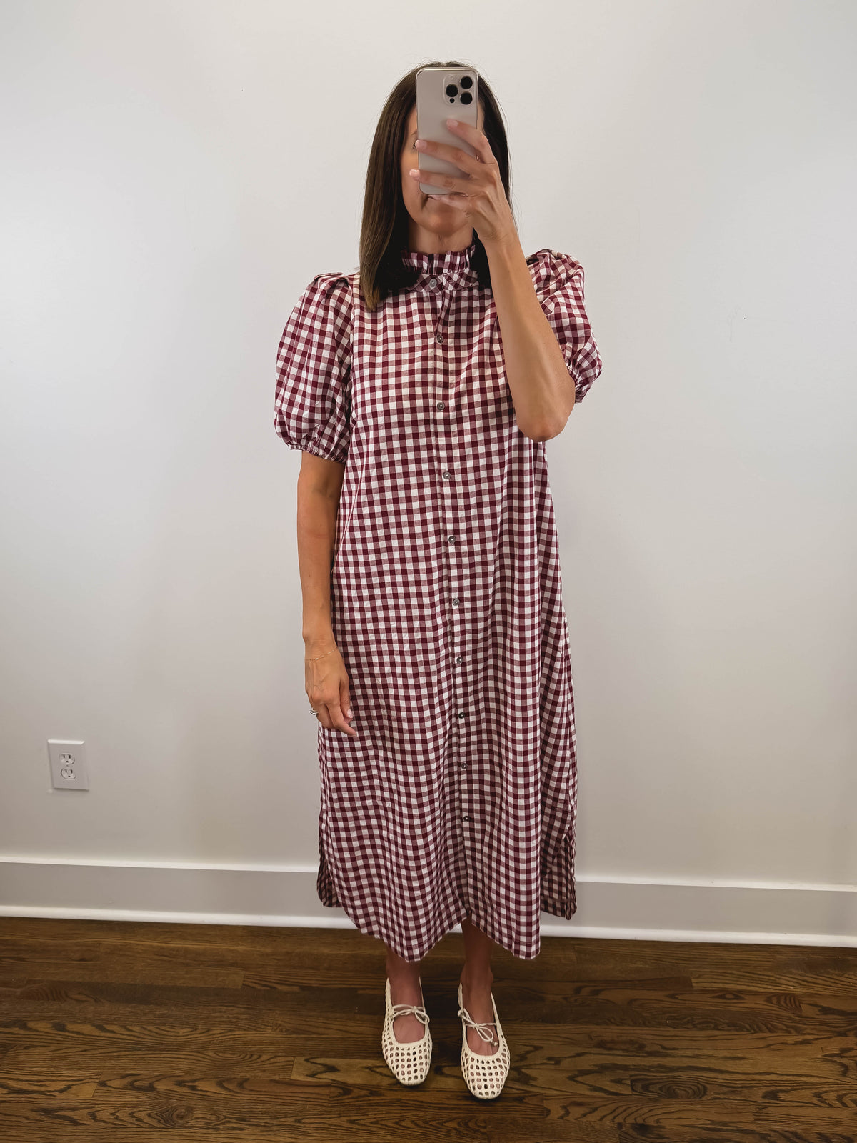 The Heritage Gingham Dress | Burgundy Puff Sleeve Midi Dress