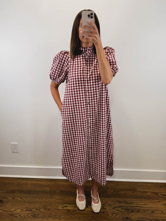 The Heritage Gingham Dress | Burgundy Puff Sleeve Midi Dress