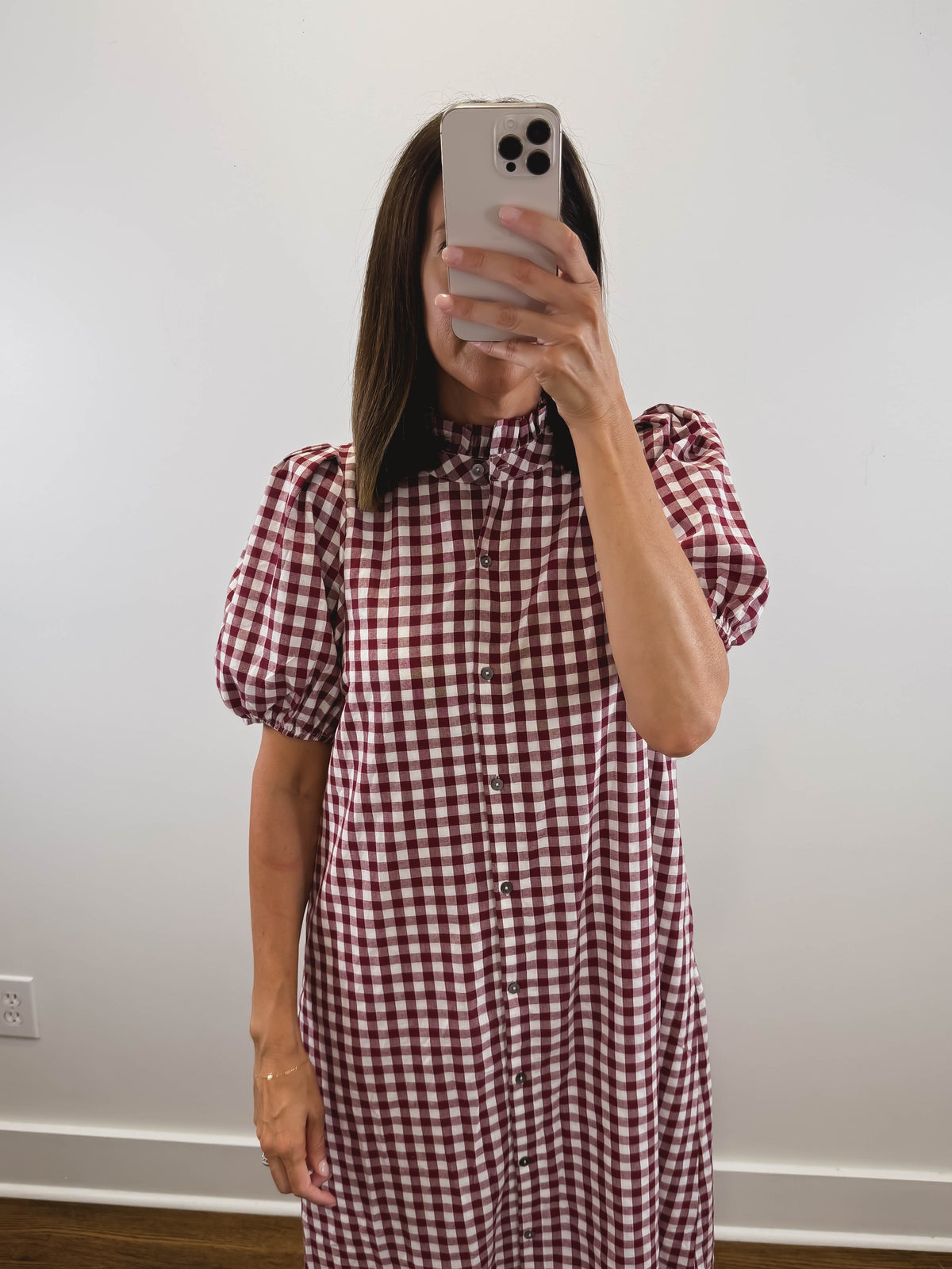 The Heritage Gingham Dress | Burgundy Puff Sleeve Midi Dress