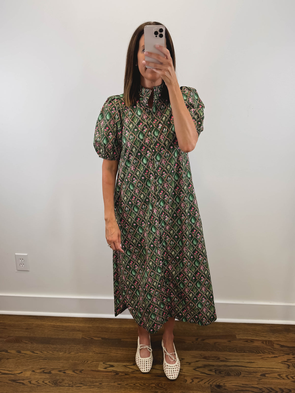 The Woodland Bloom Dress | Green Floral Puff Sleeve Midi Dress