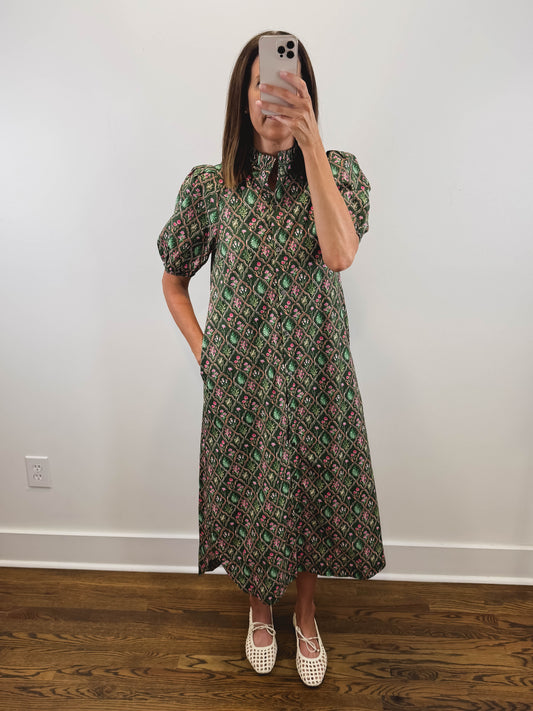 The Woodland Bloom Dress | Green Floral Puff Sleeve Midi Dress