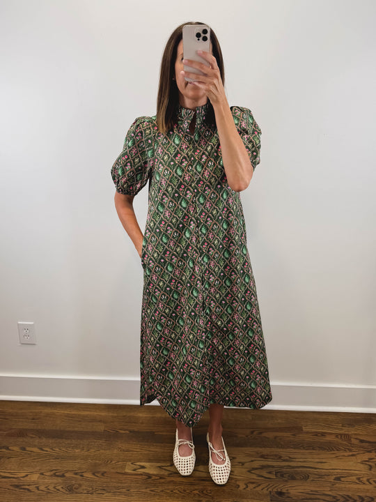 The Woodland Bloom Dress | Green Floral Puff Sleeve Midi Dress