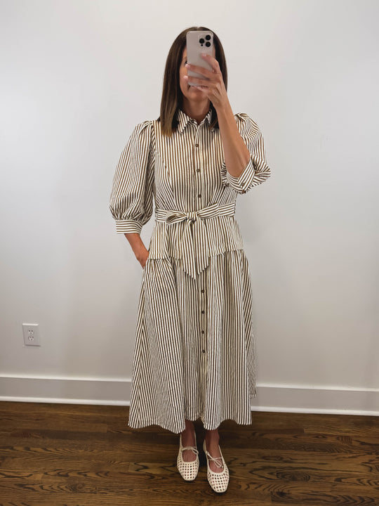 The Ashford Dress | Brown Belted Three-Quarter Sleeve Midi Dress