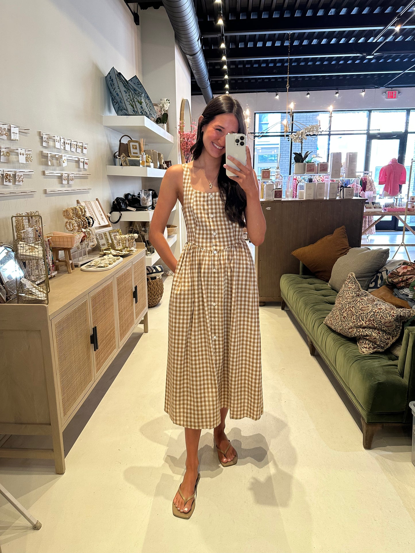 The Grace Gingham Picnic Dress in Camel