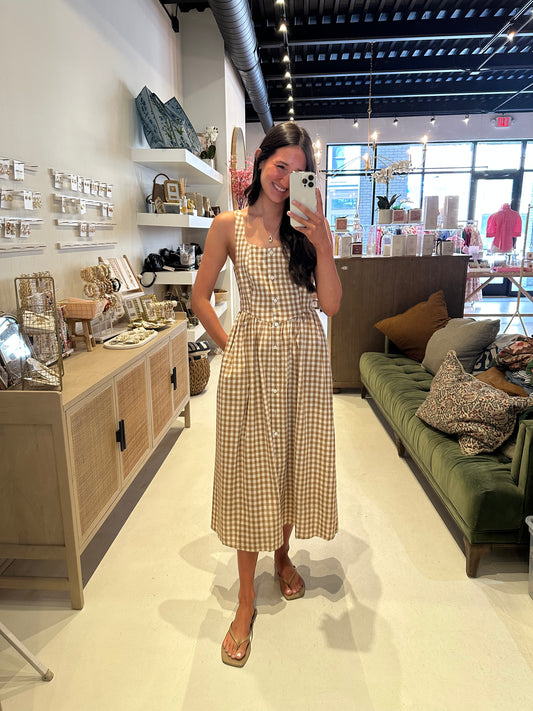 The Grace Gingham Picnic Dress in Camel