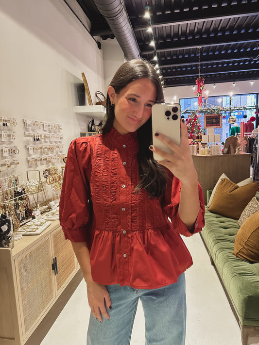 DOORBUSTER! The Rust Ruffle Neck Blouse