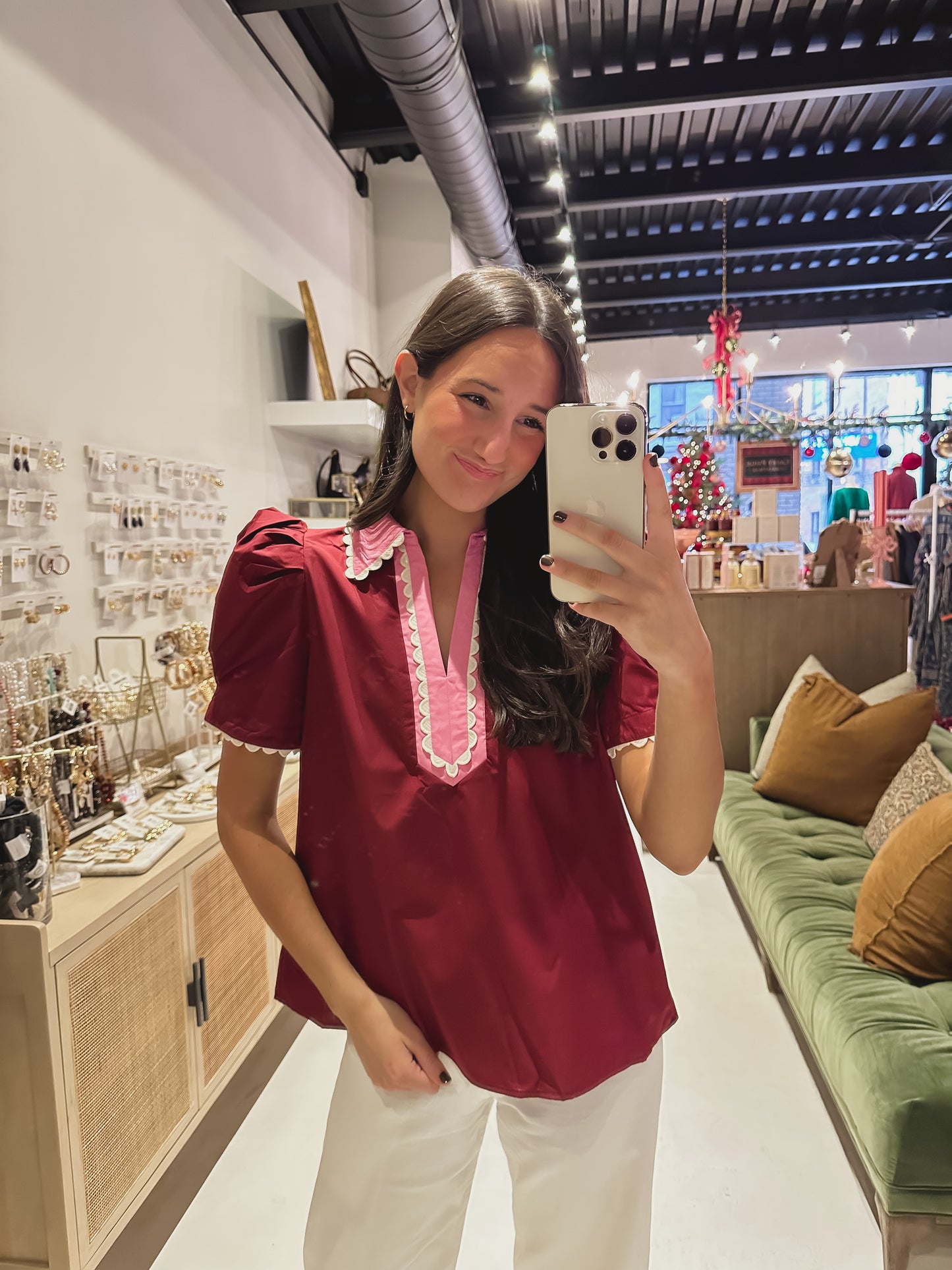 DOORBUSTER! The Maroon and Pink Scalloped Collar Top