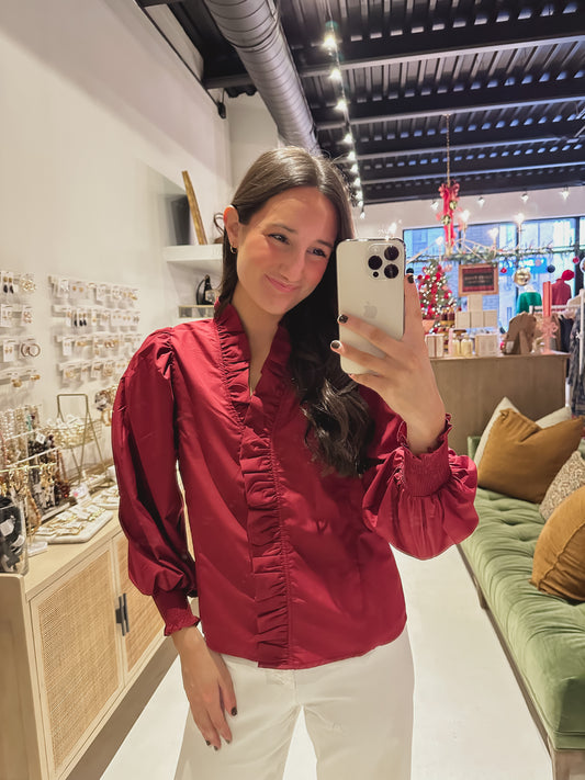 DOORBUSTER! The Maroon Button Up Ruffle Collar Top