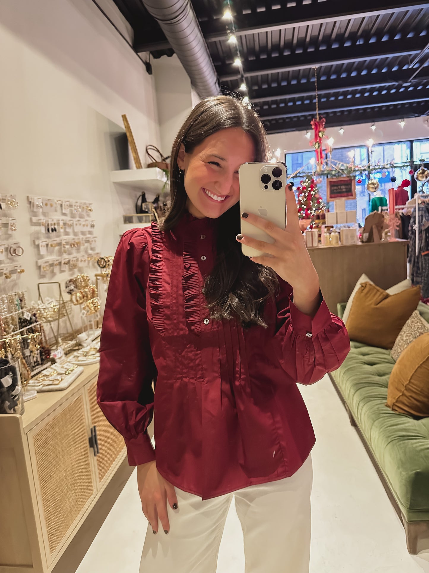 DOORBUSTER! The Maroon Ruffled and Pleated Blouse