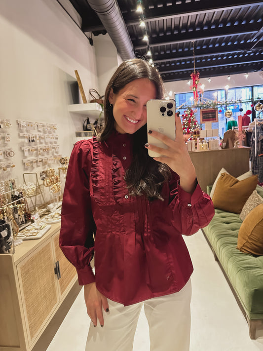 DOORBUSTER! The Maroon Ruffled and Pleated Blouse