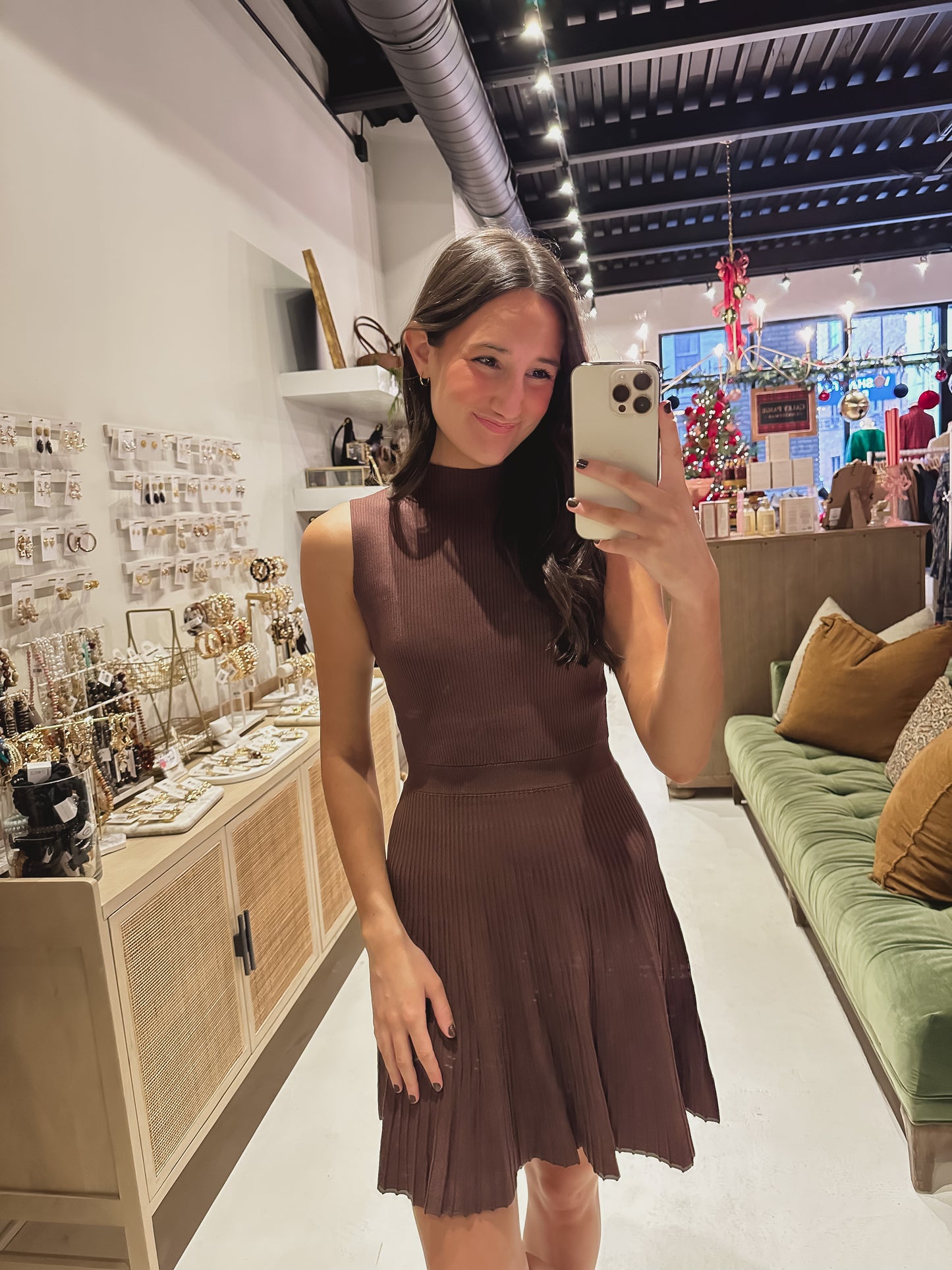 DOORBUSTER! Pleated Mock Neck Mini Dress in Brown