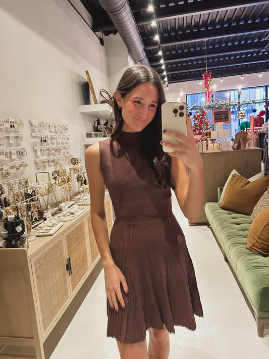 DOORBUSTER! Pleated Mock Neck Mini Dress in Brown