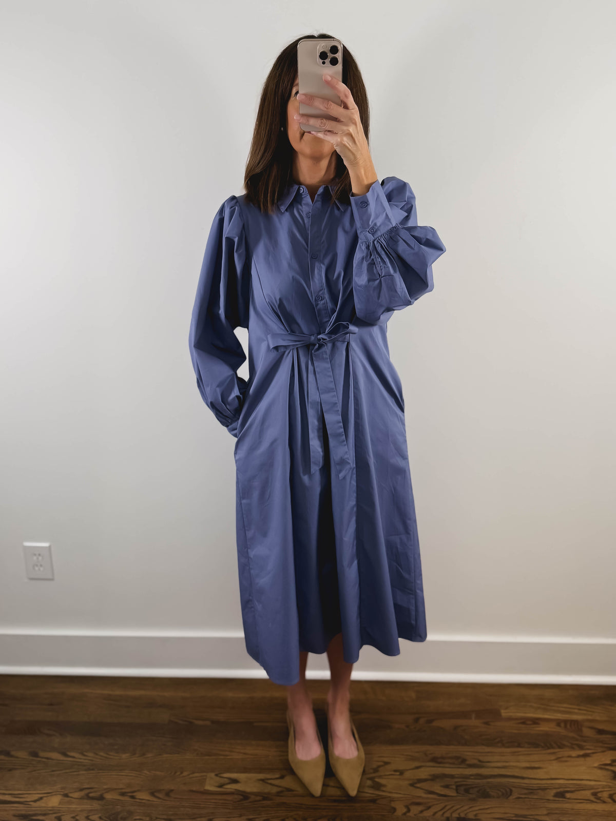 The Blue Whisper Dress | Dusty Blue Long Sleeve Midi Dress