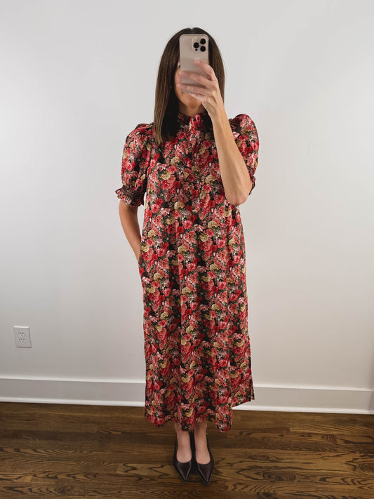 The Scarlett Dress | Red Floral Church Midi Dress