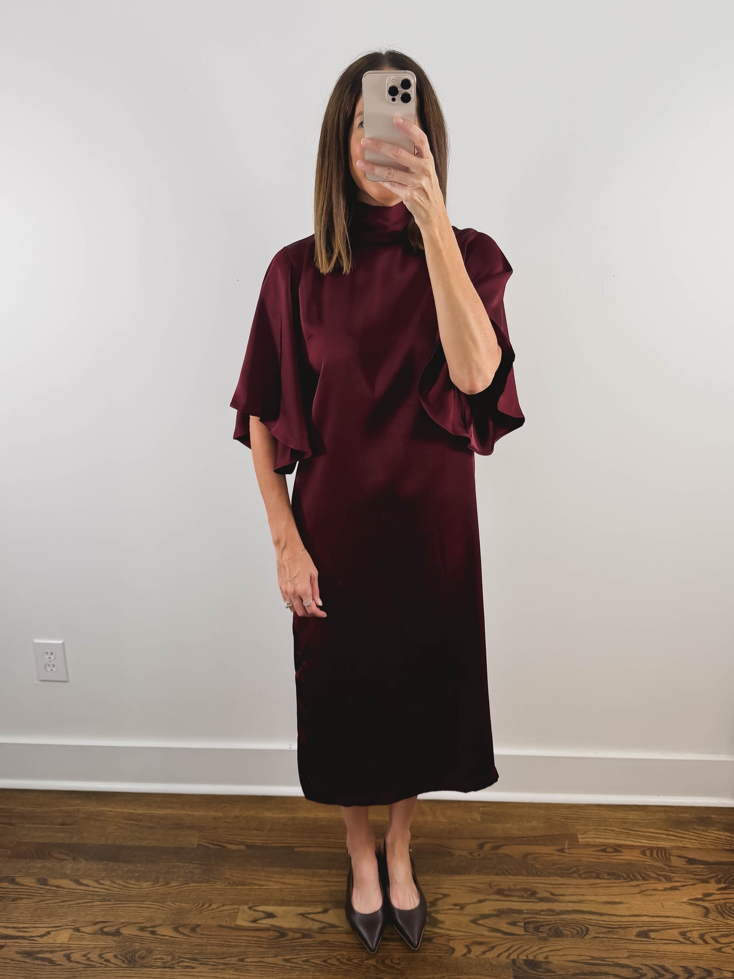 The Bordeaux Dress | Burgundy Satin Wedding Guest Midi Dress