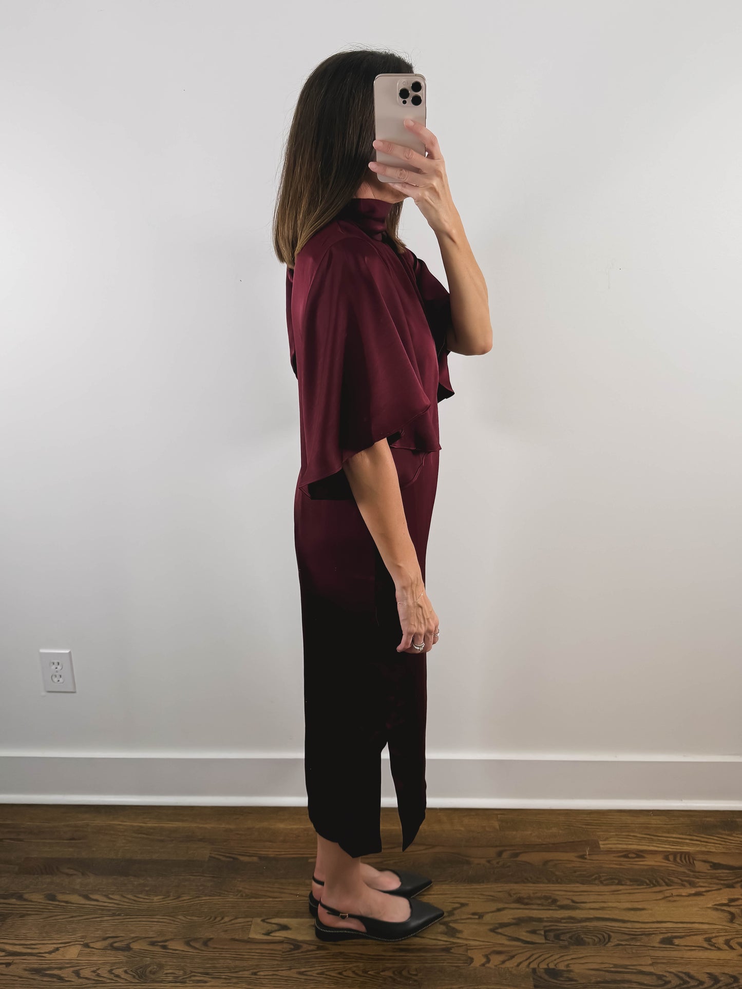 The Bordeaux Dress | Burgundy Satin Wedding Guest Midi Dress