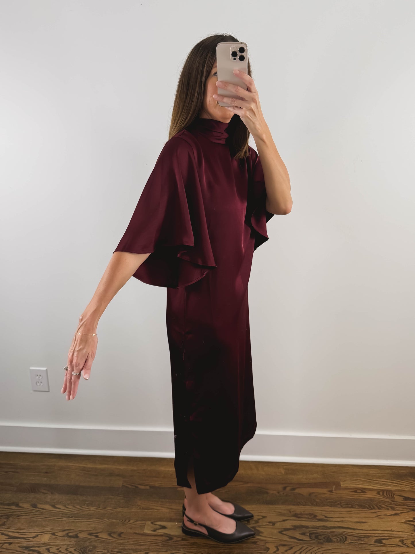 The Bordeaux Dress | Burgundy Satin Wedding Guest Midi Dress
