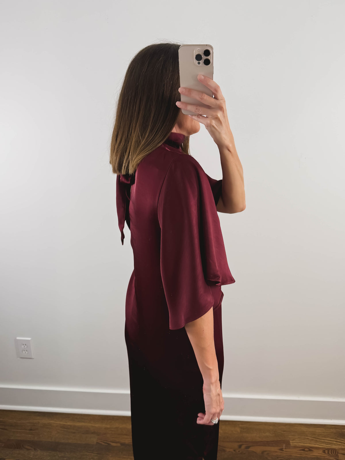 The Bordeaux Dress | Burgundy Satin Wedding Guest Midi Dress