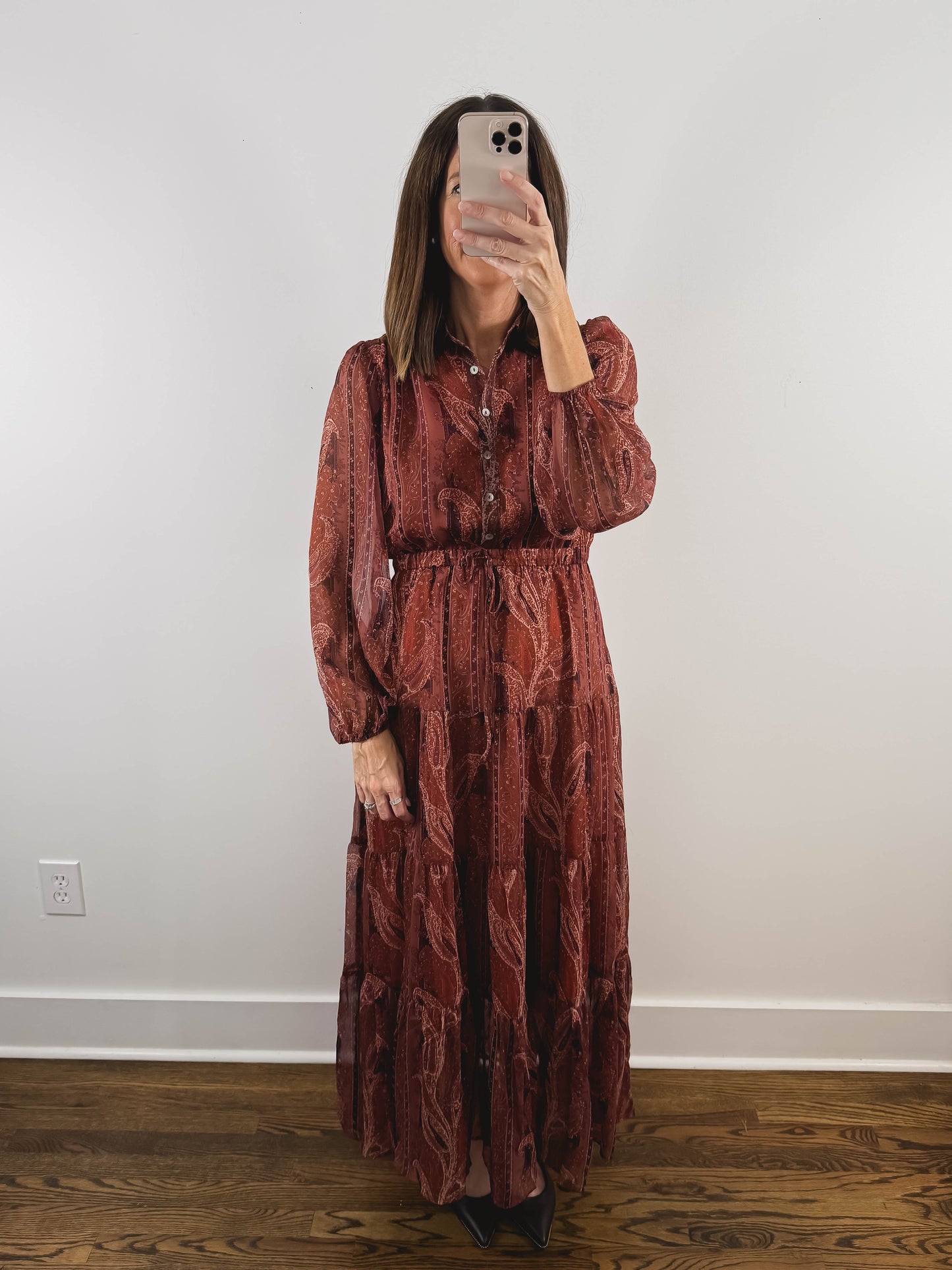 The Sedona Dress | Rust Paisley Wedding Guest Maxi Dress