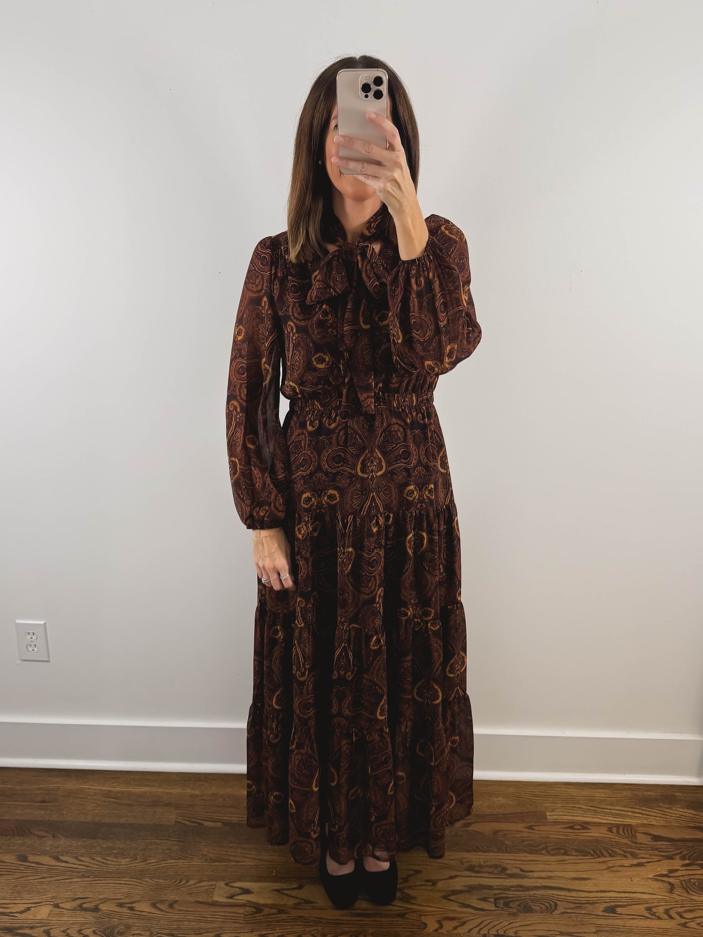 The Amaretto Dress | Brown Paisley Tie Neck Maxi Dress