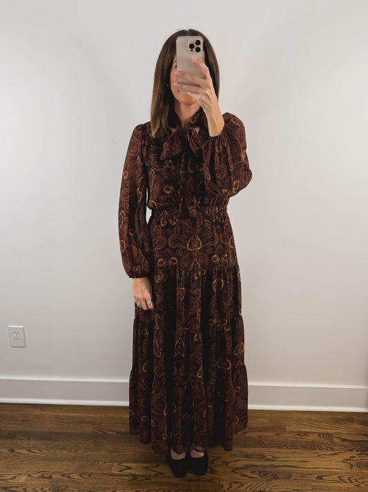 The Amaretto Dress | Brown Paisley Tie Neck Maxi Dress