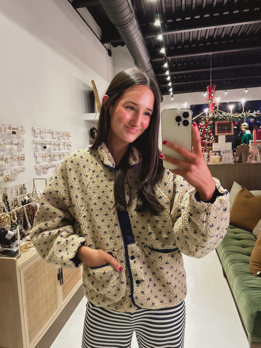 Wishlist Tan Jacket with Blue Trim & Hearts