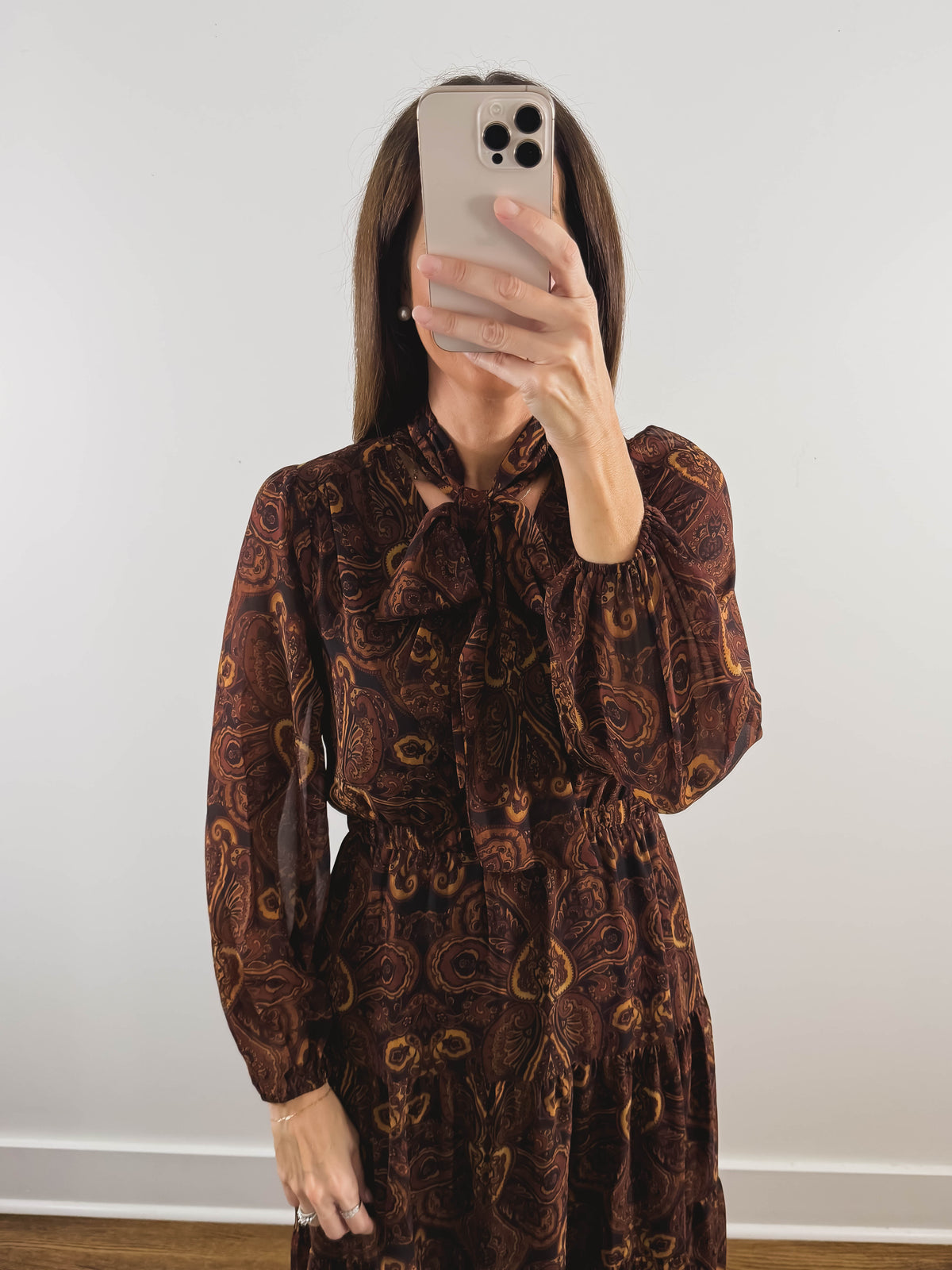 The Amaretto Dress | Brown Paisley Tie Neck Maxi Dress