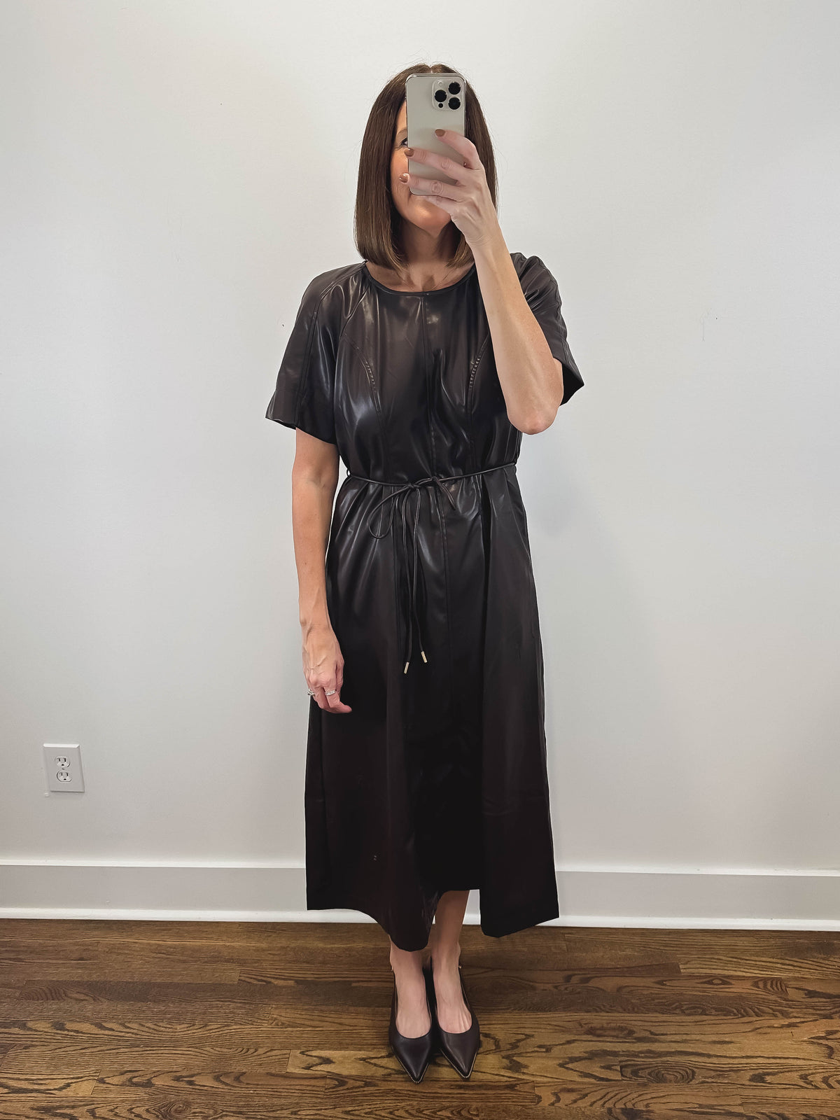 The Mahogany Dress | Brown Faux Leather Midi Dress