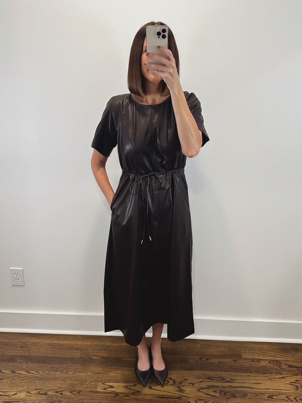 The Mahogany Dress | Brown Faux Leather Midi Dress