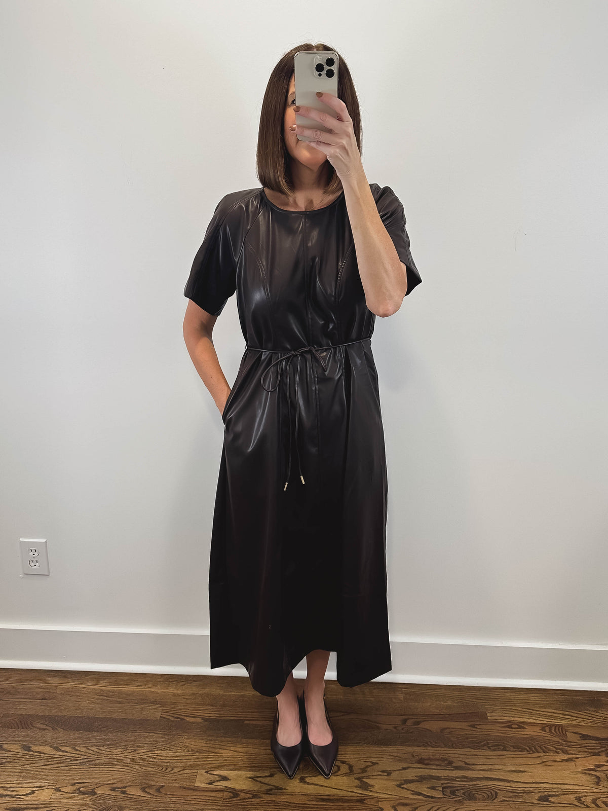 The Mahogany Dress | Brown Faux Leather Midi Dress