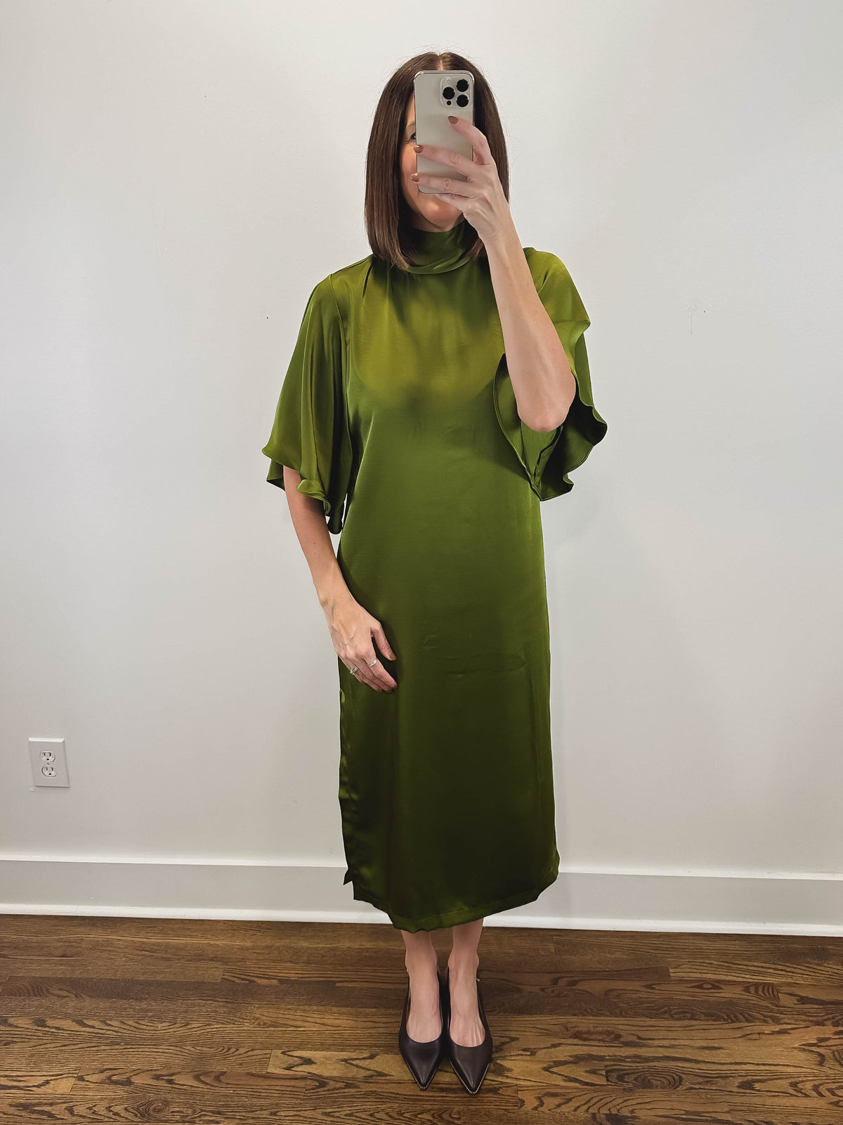 The Bordeaux Dress | Green Satin Midi Dress