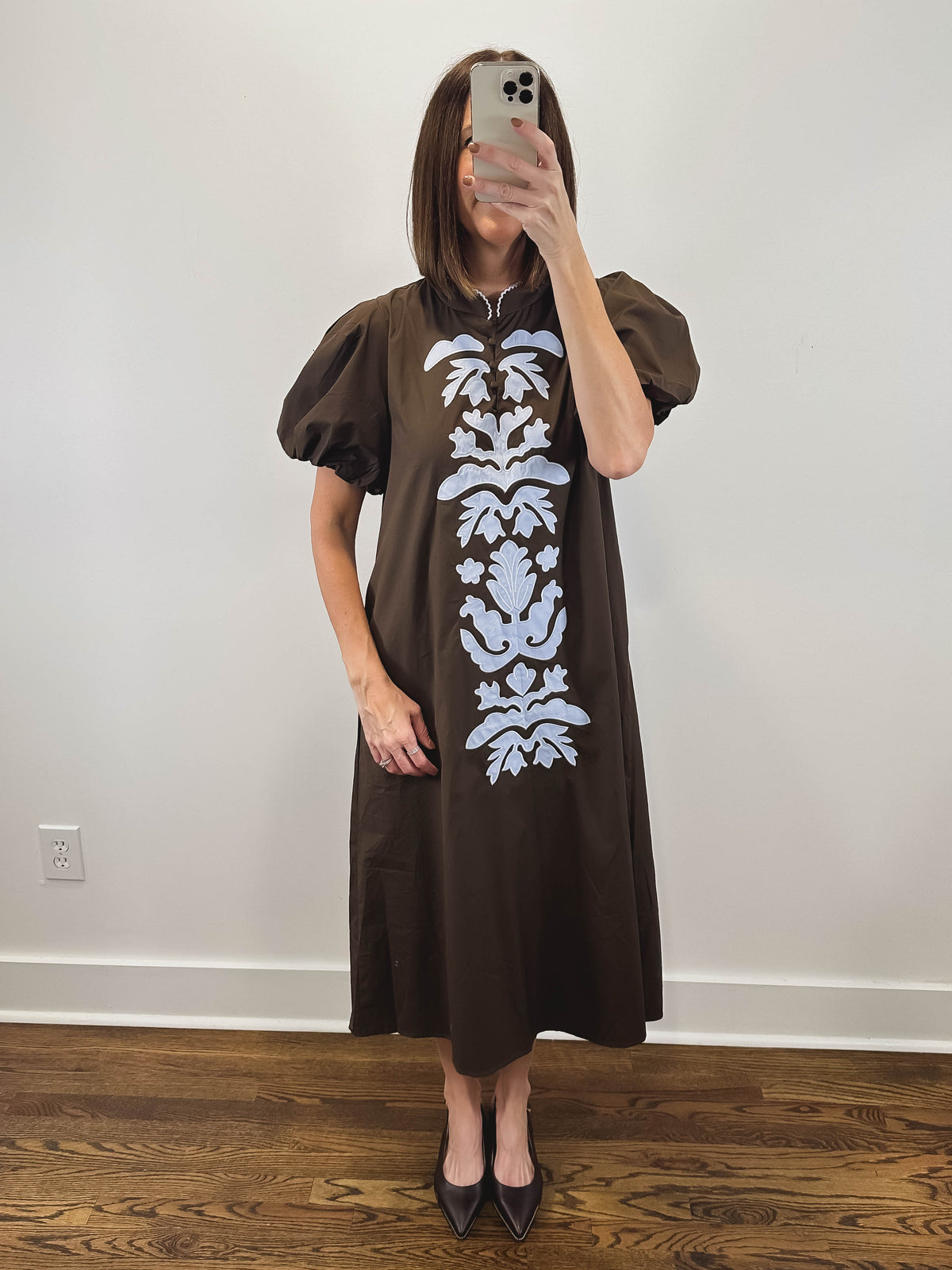 The Folklore Dress | Brown Embroidered Puff Sleeve Midi Dress