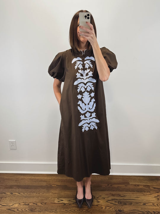 The Folklore Dress | Brown Embroidered Puff Sleeve Midi Dress