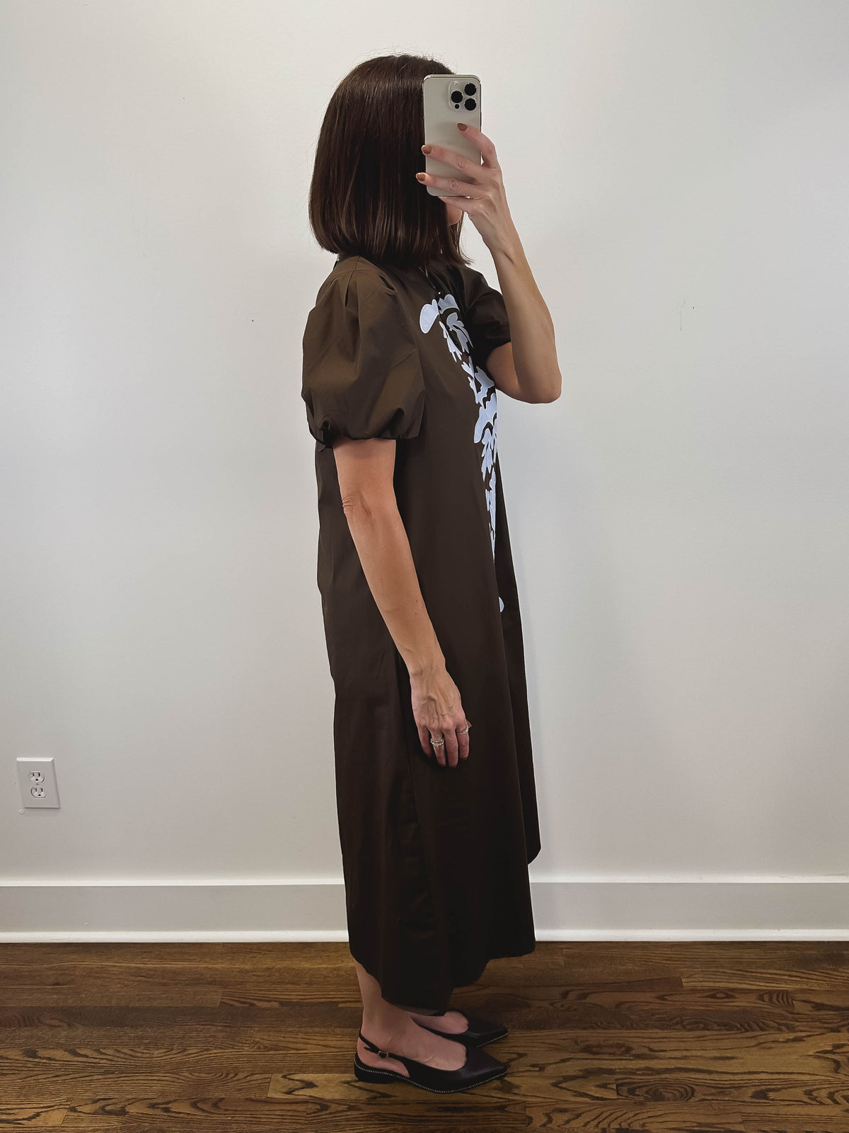 The Folklore Dress | Brown Embroidered Puff Sleeve Midi Dress