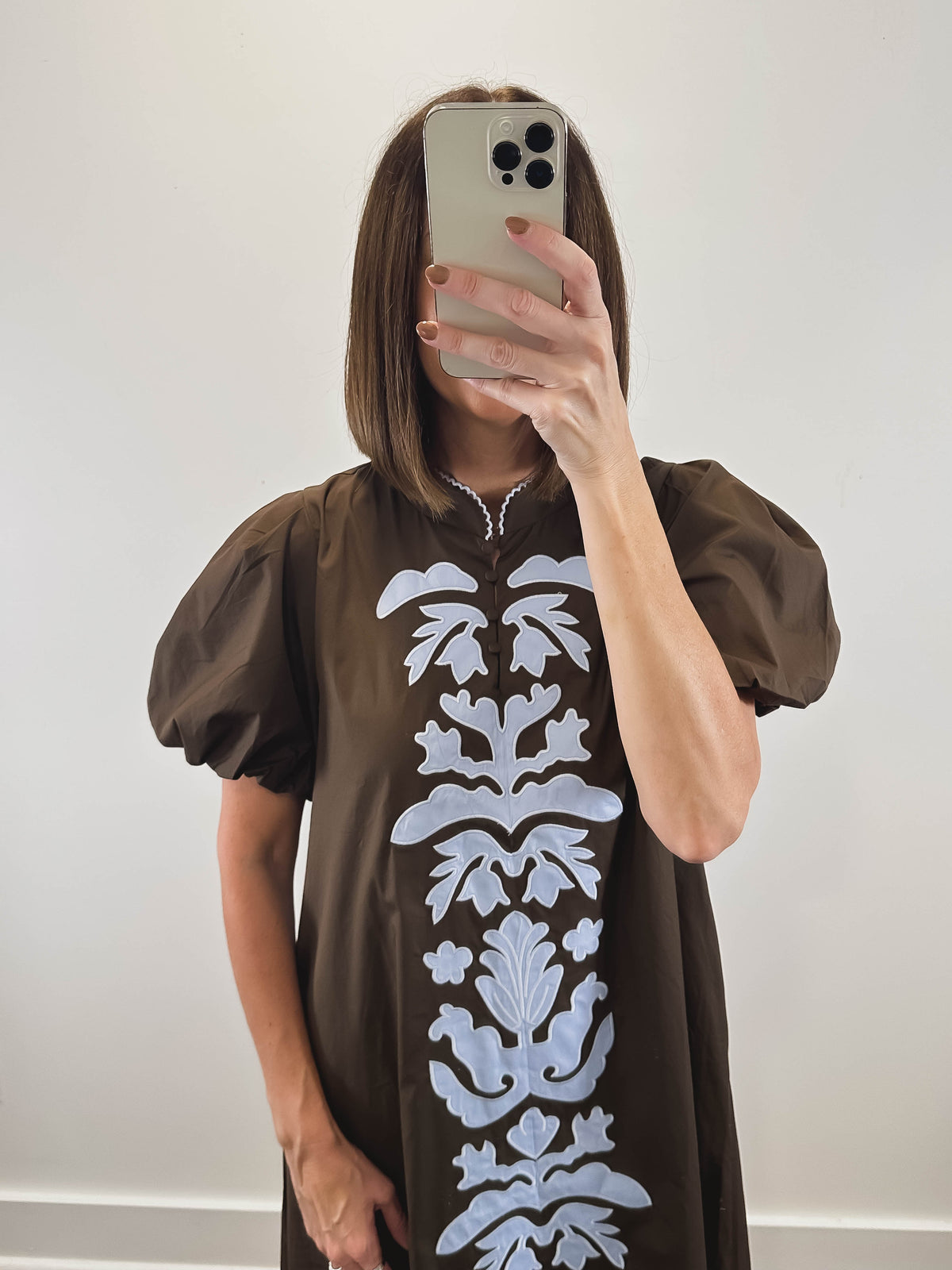 The Folklore Dress | Brown Embroidered Puff Sleeve Midi Dress