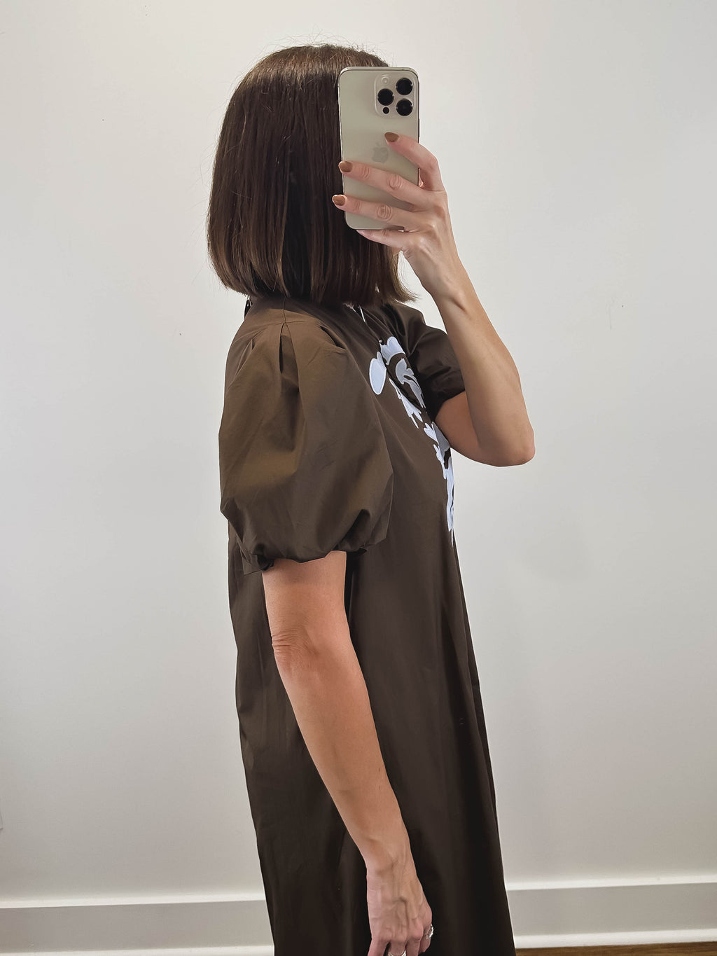The Folklore Dress | Brown Embroidered Puff Sleeve Midi Dress