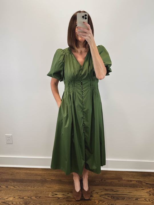The Olive Dress | Green Puff Sleeve Midi Dress